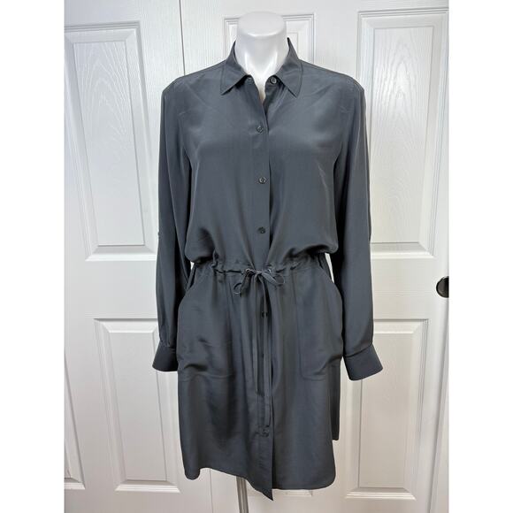Eileen Fisher Silk Gray Button Down Dress Size S Roll Up Sleeves Front Pockets - Picture 3 of 12